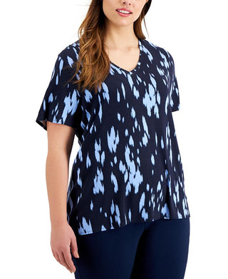 Camiseta feminina estampada com decote em V Alfani, azul, tamanho 0X