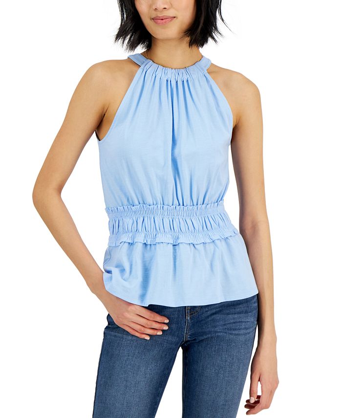 INC International Concepts Blusa feminina estilo smock cintura halter azul tamanho pequeno