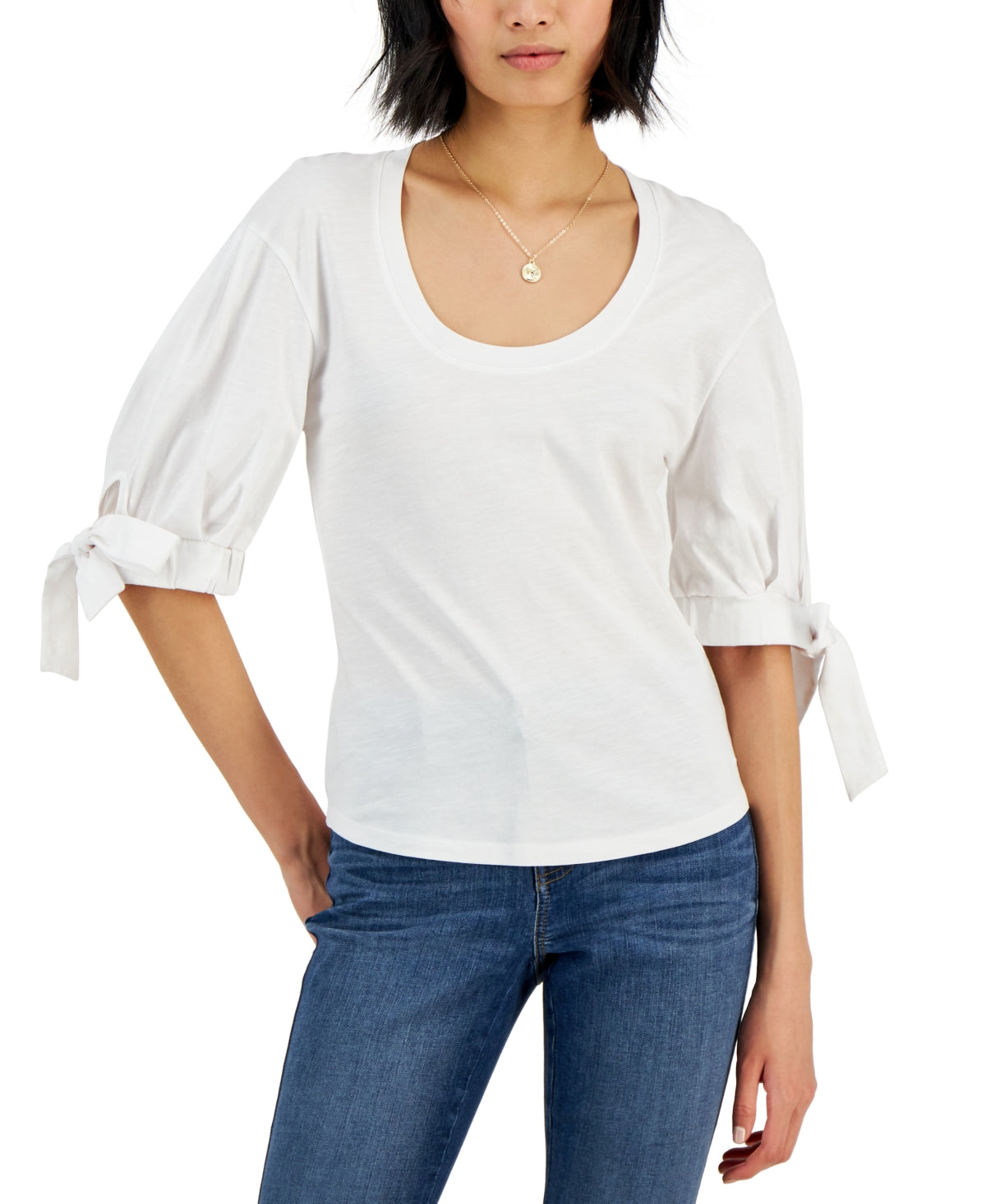 INC International Concept Top feminino com manga amarrada, branco, tamanho XX-G