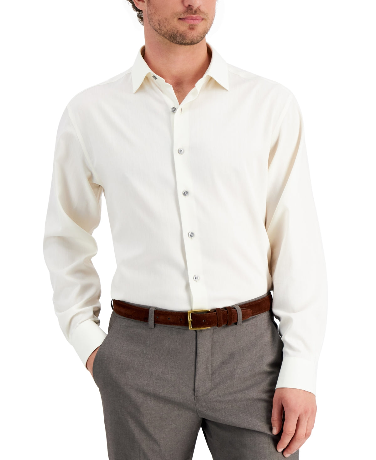 Camisa social masculina Alfani Regular Fit com elasticidade bidirecional em espinha de peixe, tamanho 34x35, marrom