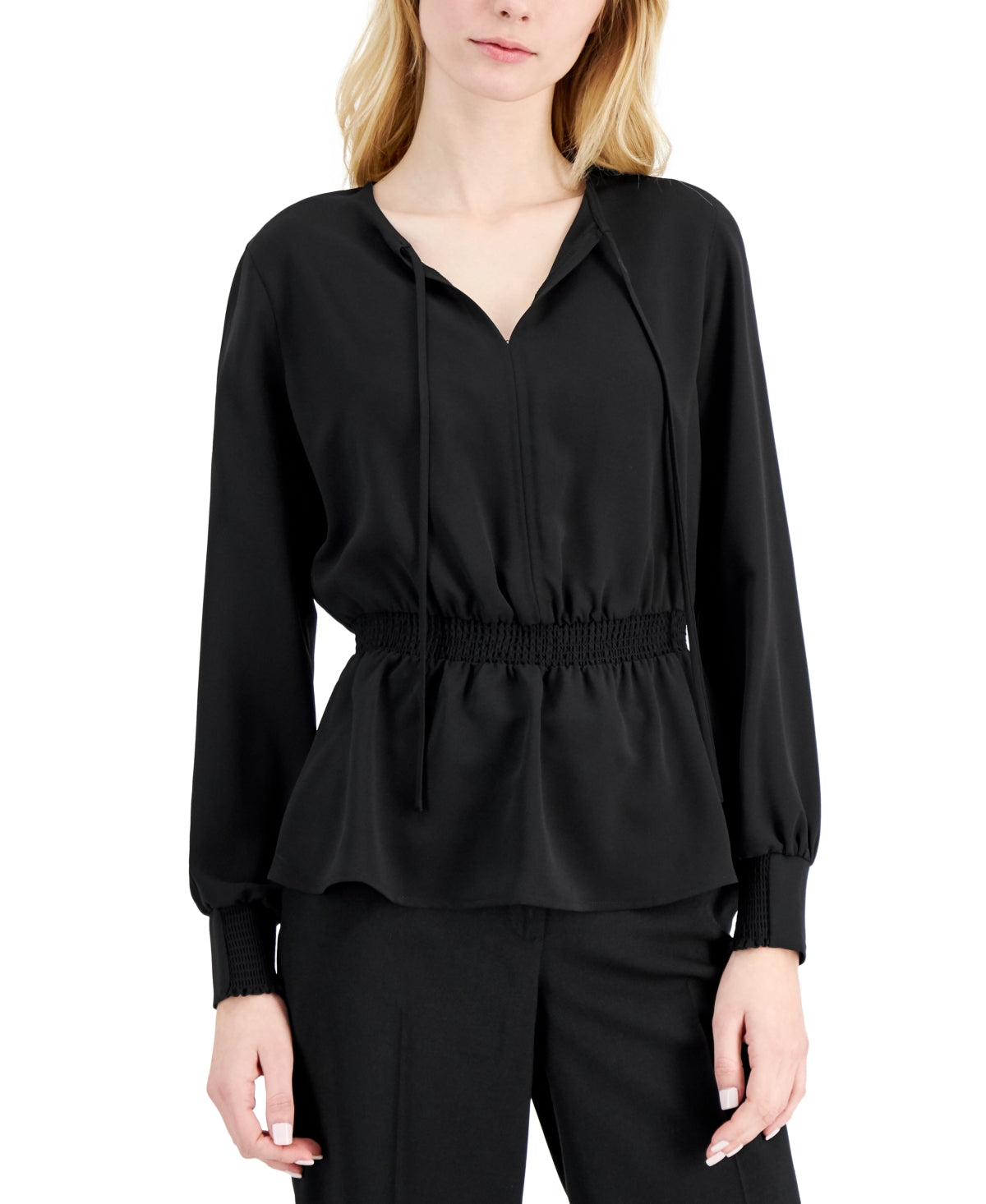 Blusa peplum franzida feminina Alfani, preta, tamanho médio