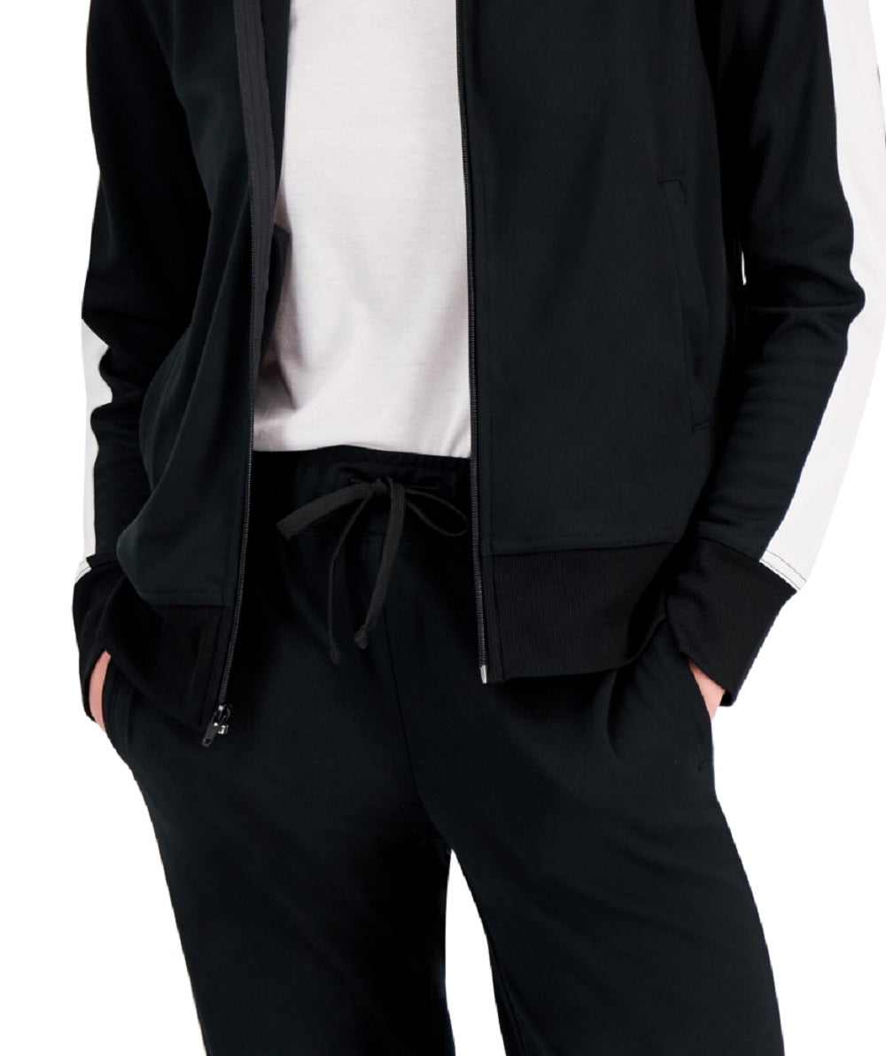 ID Ideology Jaqueta de corrida feminina com zíper e manga listrada, preta, tamanho pequeno