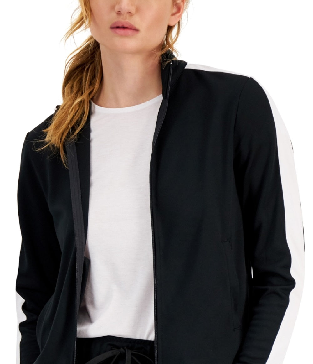 ID Ideology Jaqueta de corrida feminina com zíper e manga listrada, preta, tamanho grande