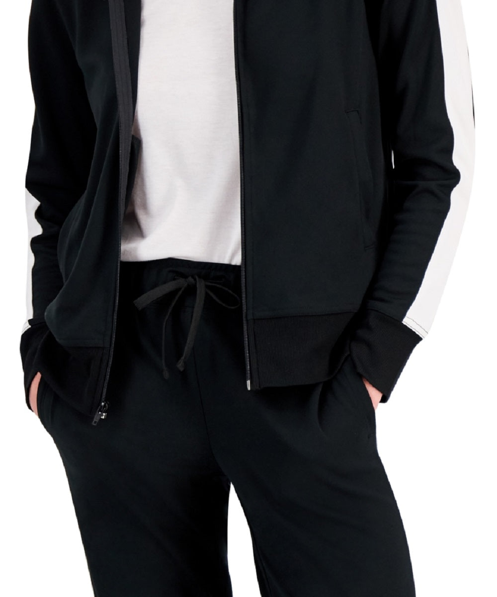 ID Ideology Jaqueta de corrida feminina com zíper e manga listrada, preta, tamanho grande