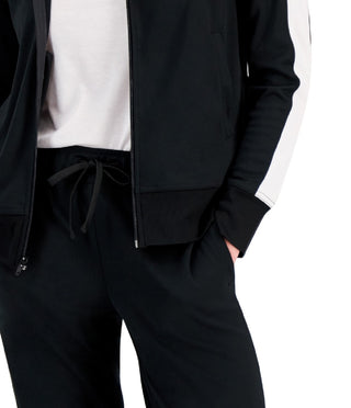 ID Ideology Jaqueta de corrida feminina com zíper e manga listrada, preta, tamanho extragrande