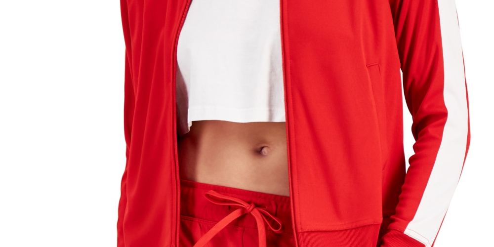 ID Ideology Jaqueta de corrida feminina com zíper e manga listrada, vermelha, tamanho X-S