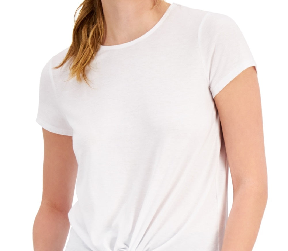 Camiseta feminina ID Ideology com nó frontal, branca, tamanho grande