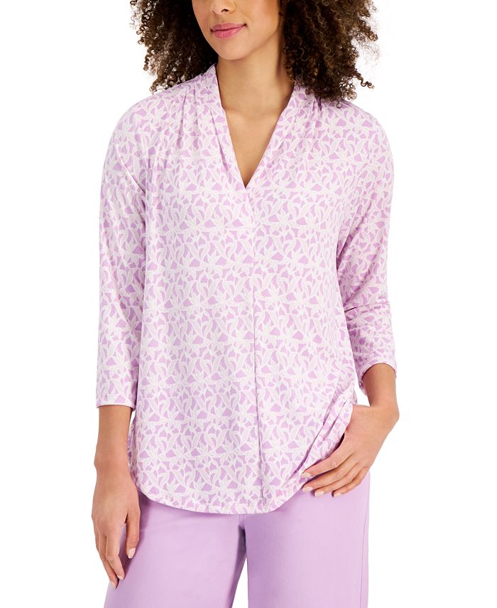 Top feminino com estampa de renda e manga 3/4, roxo, tamanho extragrande, da Charter Club