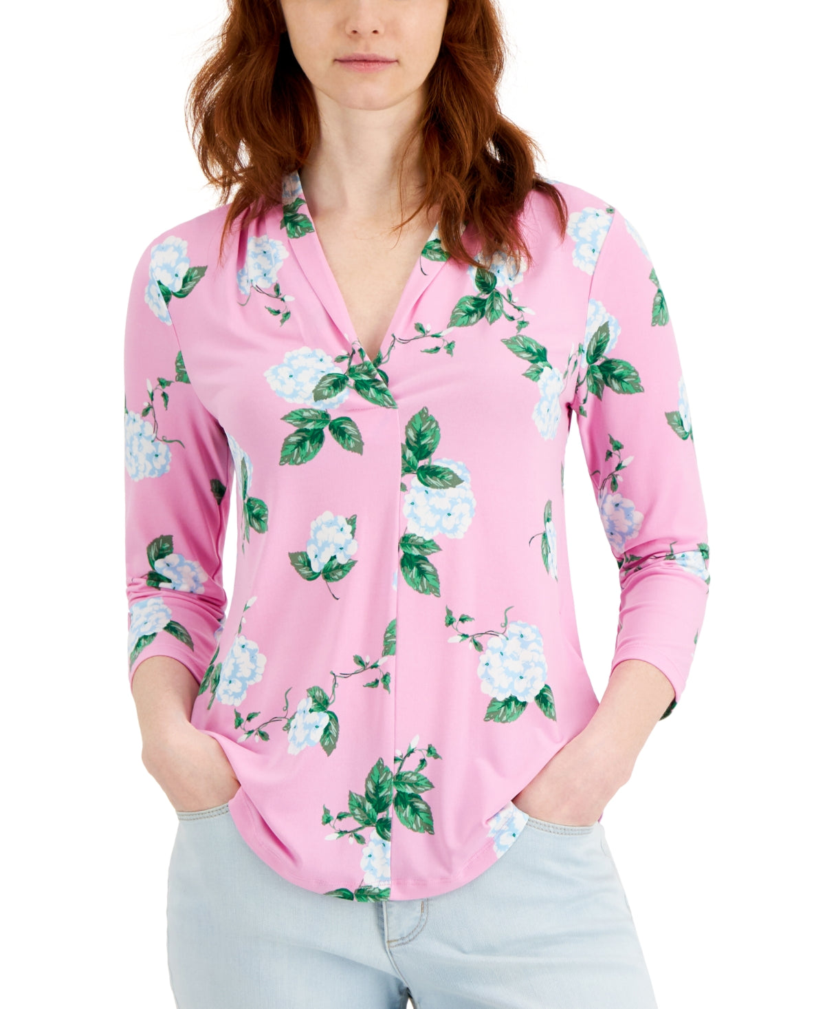 Blusa de malha feminina com estampa floral e manga 3/4 Charter Club, rosa, tamanho extragrande