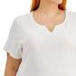 Karen Scott Blusa feminina de algodão com decote dividido, branca, tamanho 1X