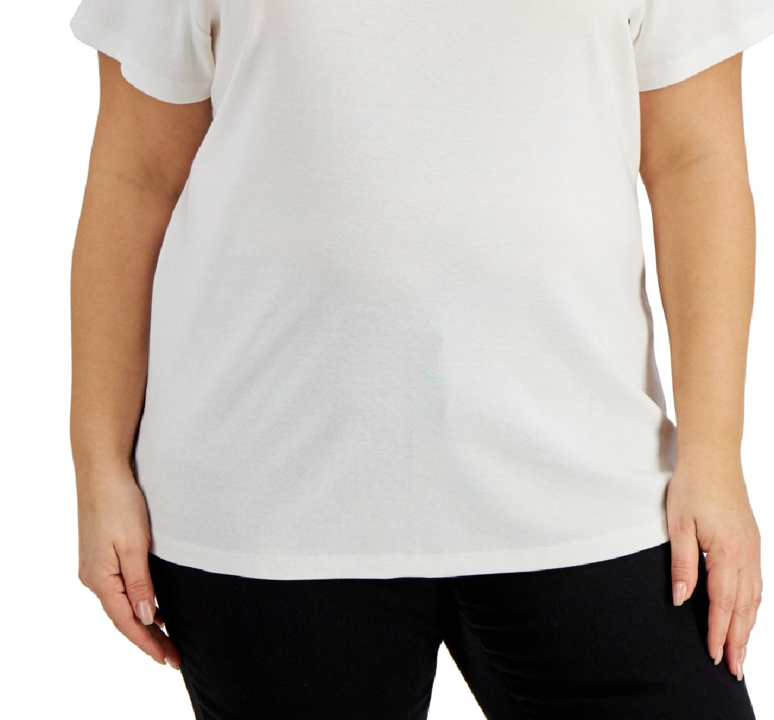 Karen Scott Blusa feminina de algodão com decote dividido, branca, tamanho 1X
