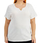 Karen Scott Blusa feminina de algodão com decote dividido, branca, tamanho 1X