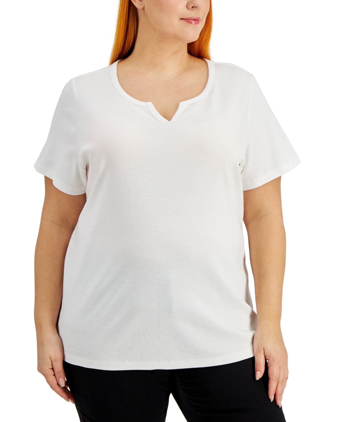 Karen Scott Blusa feminina de algodão com decote dividido, branca, tamanho 1X