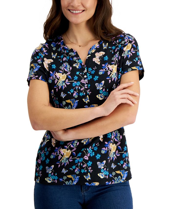 Karen Scott Top Henley Feminino Hatched Meadow Preto Tamanho X-G