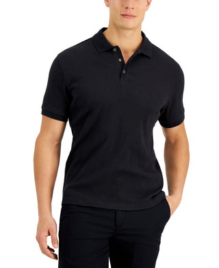Camisa polo masculina Alfani com listras texturizadas elásticas e jacquard, preta, tamanho extragrande
