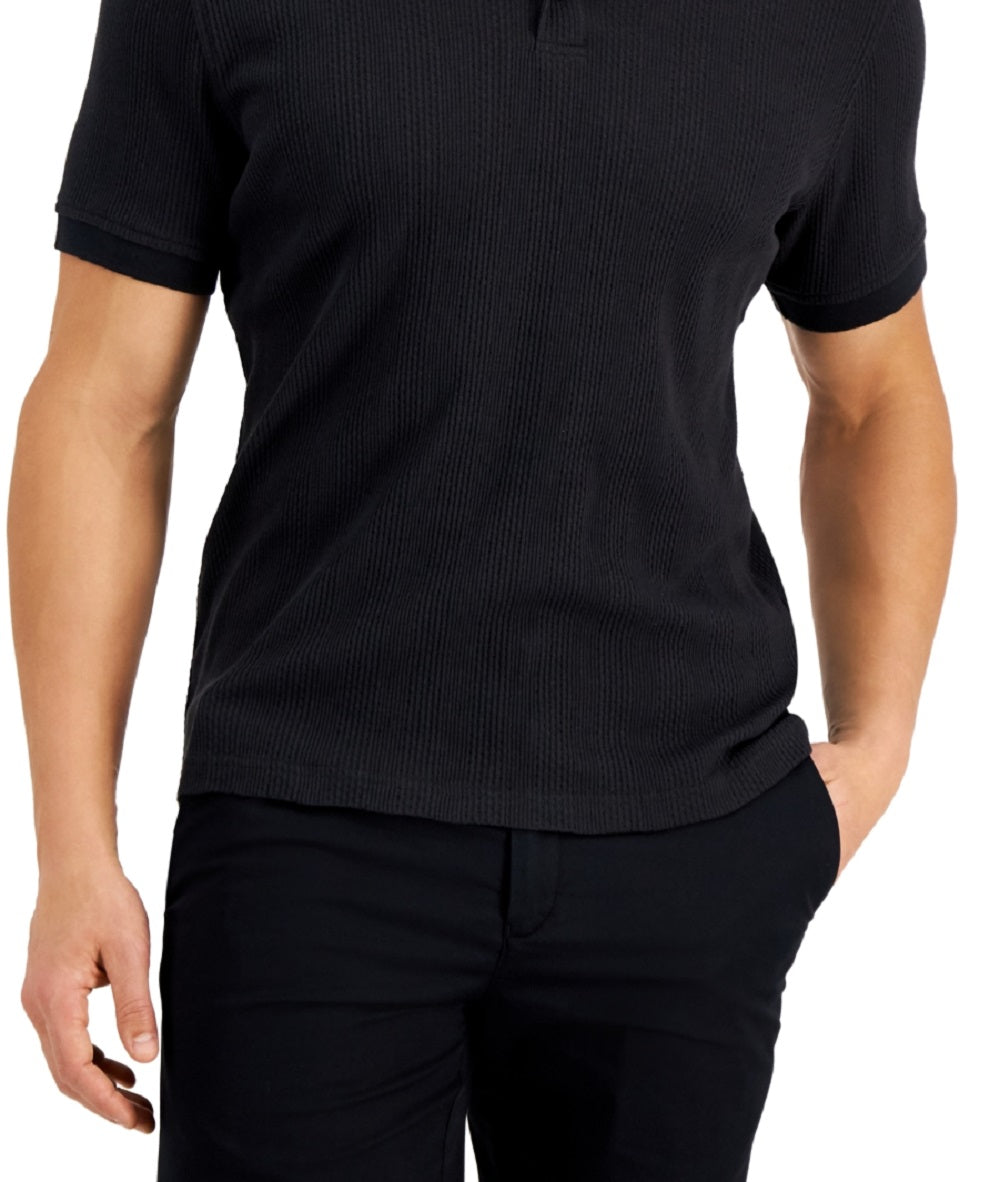 Camisa polo masculina Alfani com listras texturizadas elásticas e jacquard, preta, tamanho extragrande