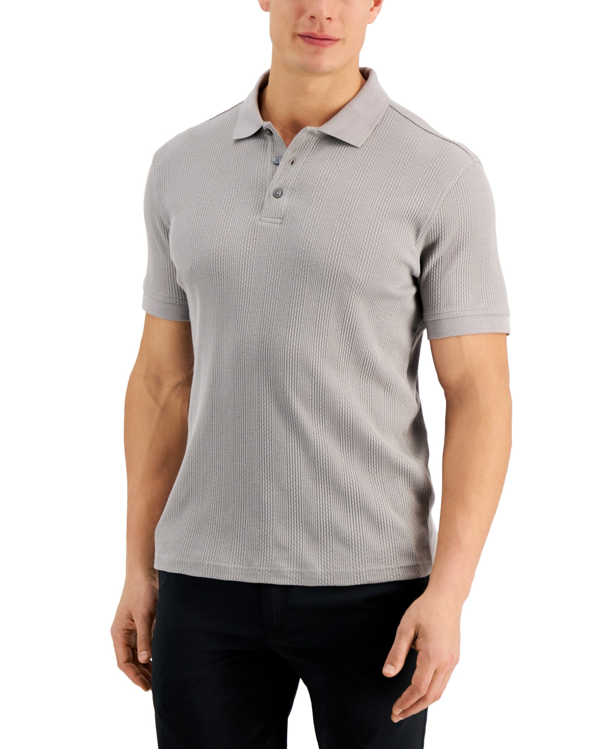Camisa polo masculina Alfani com listras texturizadas elásticas e jacquard, cinza, tamanho grande