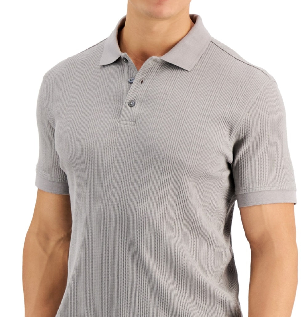 Camisa polo masculina Alfani com listras texturizadas elásticas e jacquard, cinza, tamanho grande
