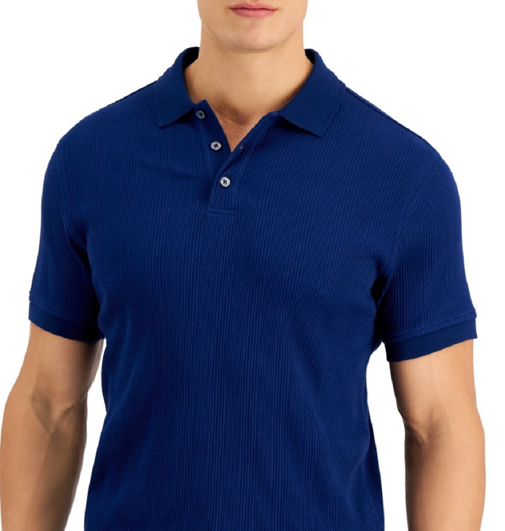Camisa polo masculina Alfani com listras texturizadas elásticas e jacquard, azul, tamanho extragrande