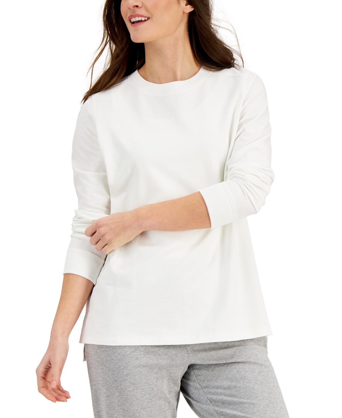 Moletom feminino Karen Scott de algodão alto e baixo, branco, tamanho extragrande