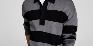 E agora este suéter listrado de malha masculino preto tamanho grande