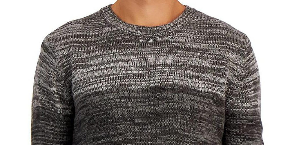 E agora este suéter masculino de gola redonda com blocos de cores cinza, tamanho médio