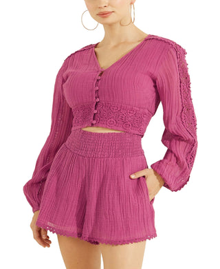 GUESS Abigail Gauze Crop Top Feminino Roxo Tamanho Grande