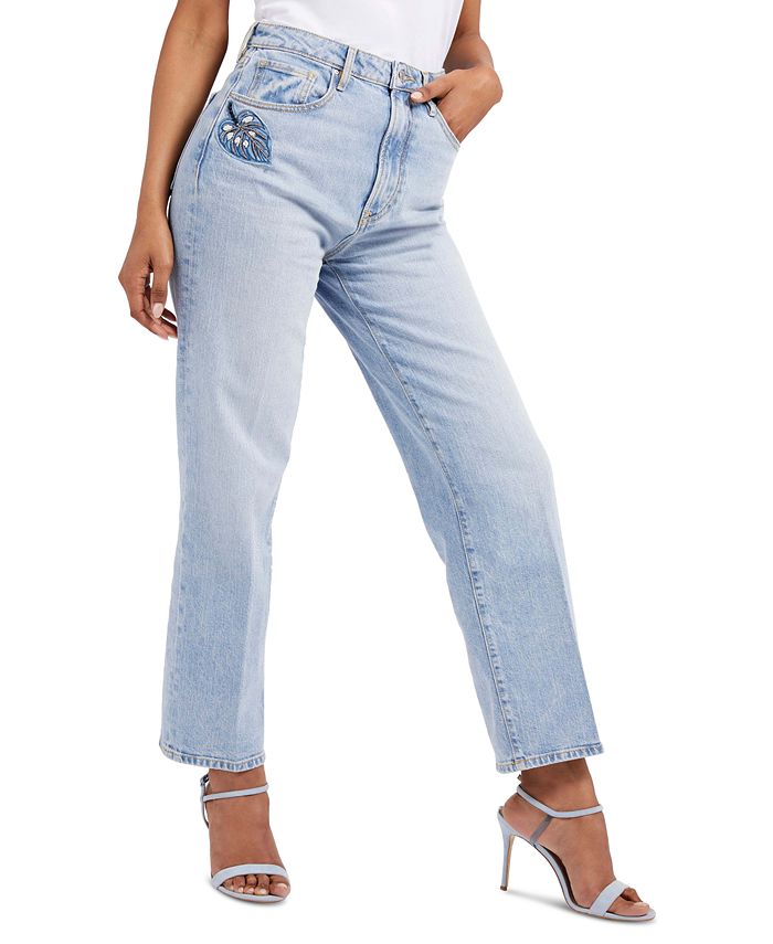 Calça jeans feminina GUESS Melrose reta com detalhes, azul, tamanho 28x30