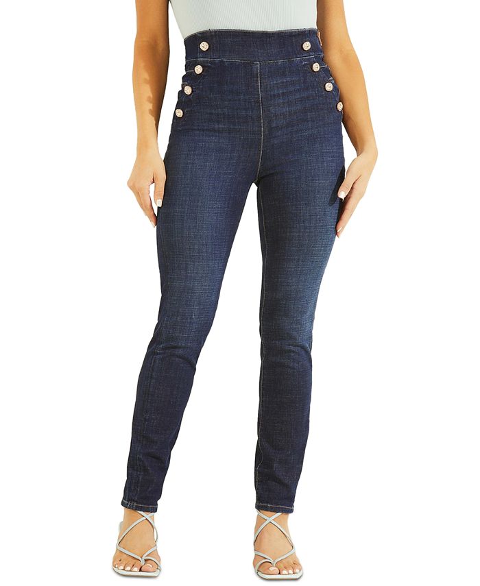 Calça jeans skinny feminina GUESS Gwenny Sailor com botões, azul, tamanho 28X28
