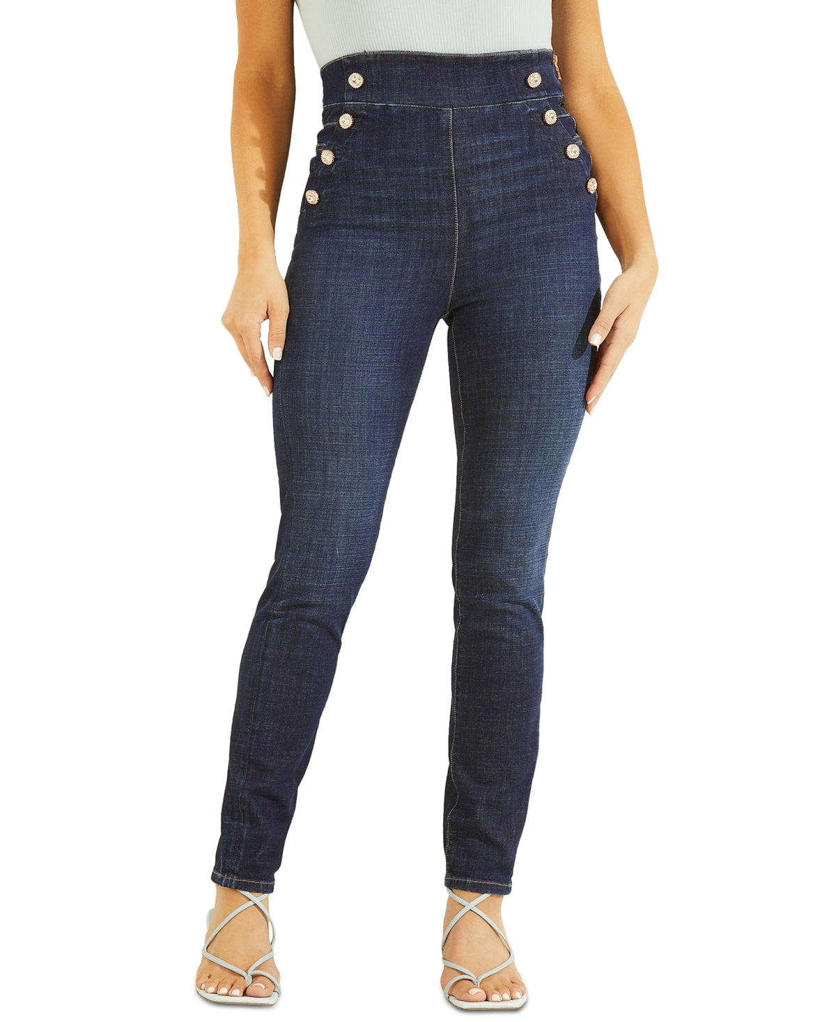 Calça jeans skinny feminina GUESS Gwenny Sailor com botões, azul, tamanho 28X28