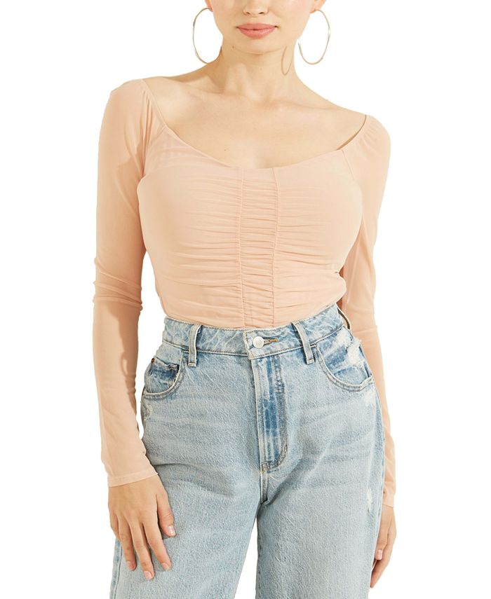 Blusa de malha franzida Kimbra feminina GUESS, azul, tamanho grande