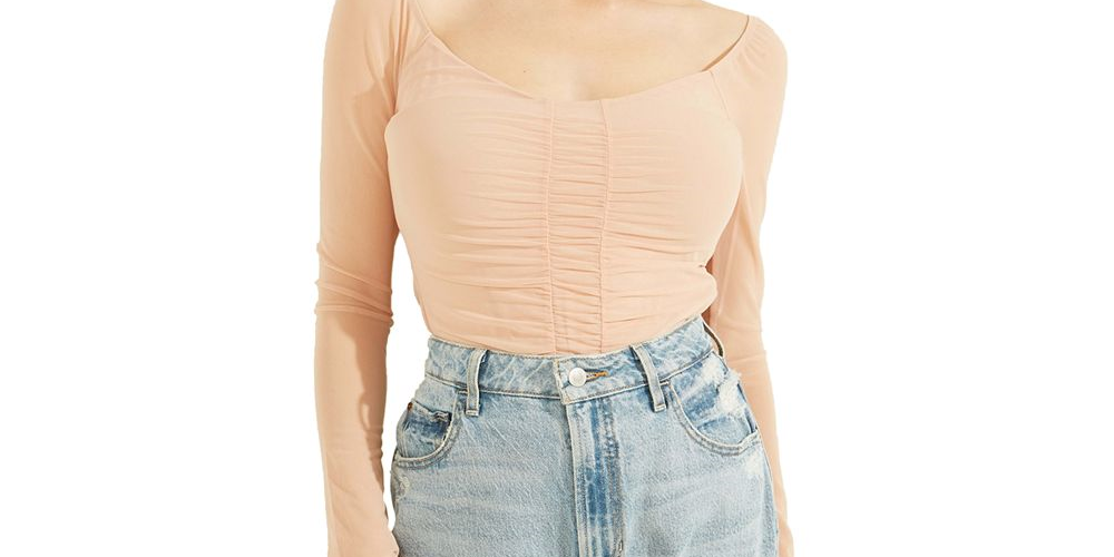 Blusa de malha franzida Kimbra feminina GUESS, azul, tamanho grande