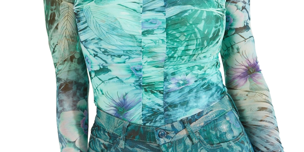 Blusa de malha franzida Kimbra feminina GUESS, azul, tamanho grande