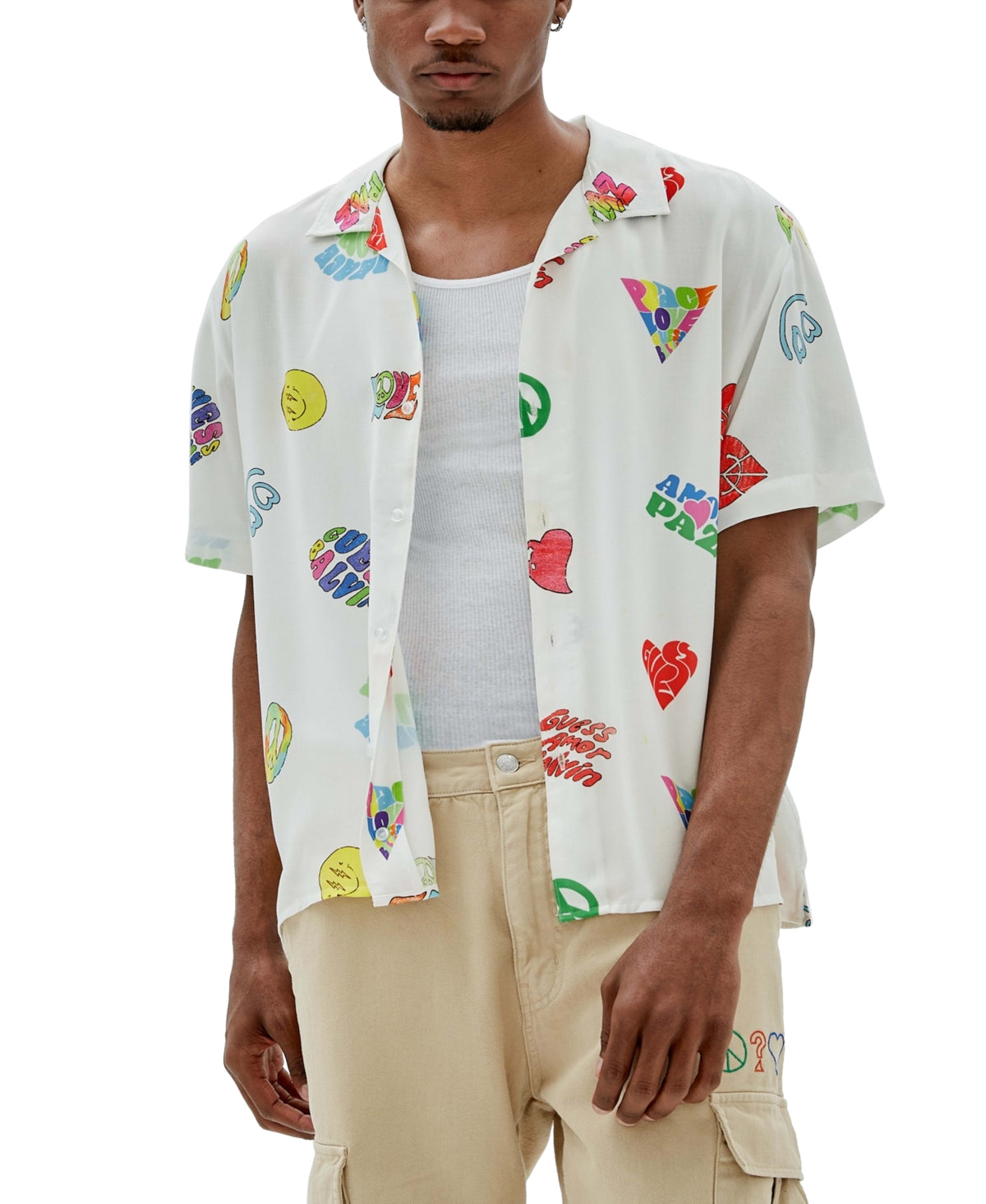 Camisa de acampamento estampada masculina GUESS, branca, tamanho XX-G