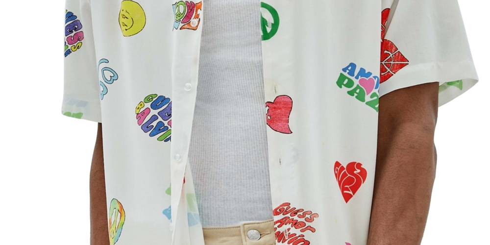 Camisa de acampamento estampada masculina GUESS, branca, tamanho XX-G