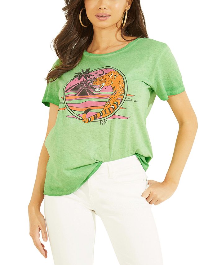 Camiseta feminina GUESS com estampa gráfica Desert Tiger, verde, tamanho X-G