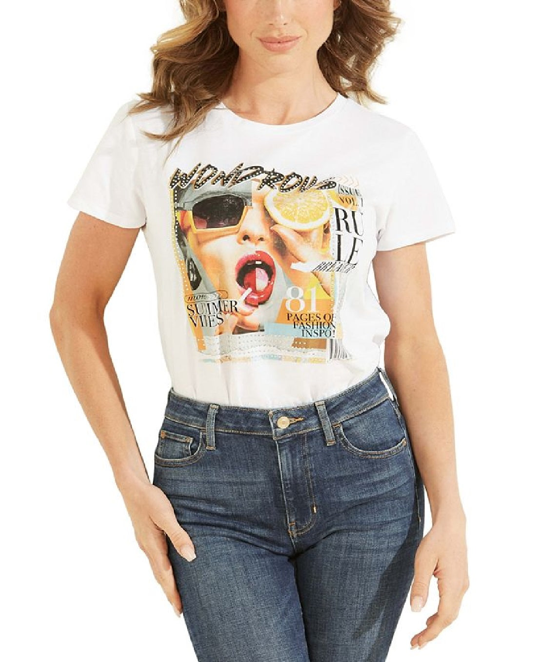 Camiseta feminina GUESS de algodão com estampa gráfica e detalhes, branca, tamanho médio