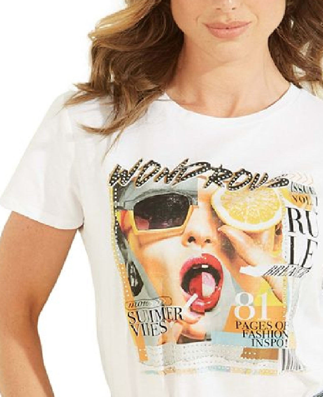 Camiseta feminina GUESS de algodão com estampa gráfica e detalhes, branca, tamanho médio