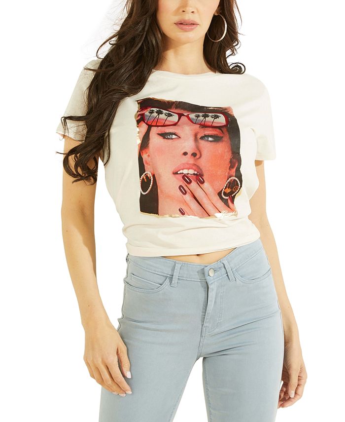 Camiseta feminina GUESS de algodão com estampa gráfica, branca, tamanho grande