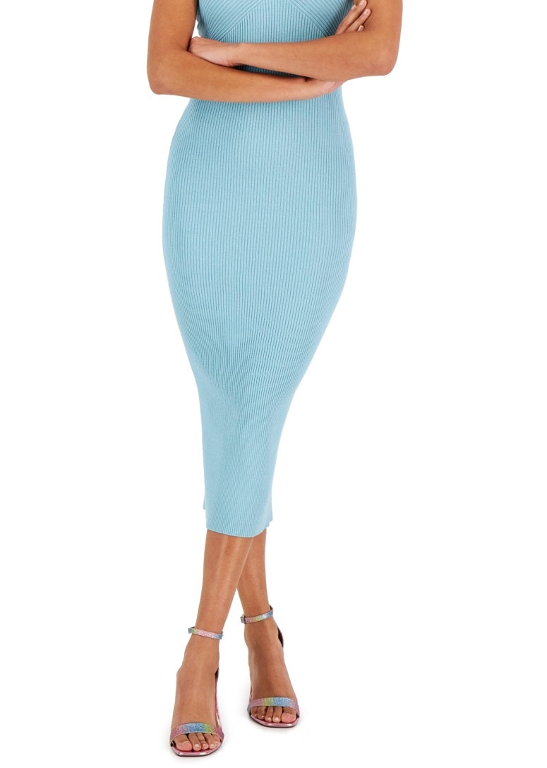 Vestido feminino GUESS sem mangas com decote halter e canelado Mariposa, azul, tamanho pequeno