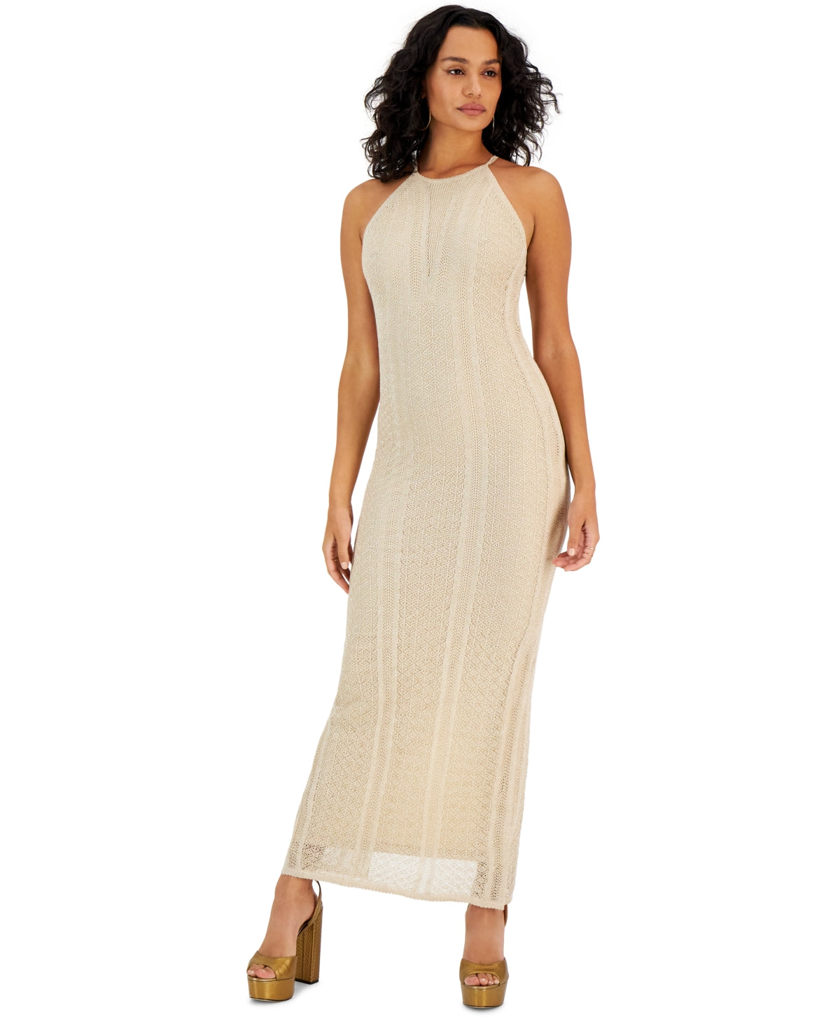 Vestido longo feminino GUESS Ramona Pointelle Halter, marrom, tamanho médio