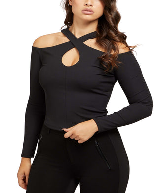 GUESS Women's Cold Shoulder Crossover Halter Top Black Size X-Large