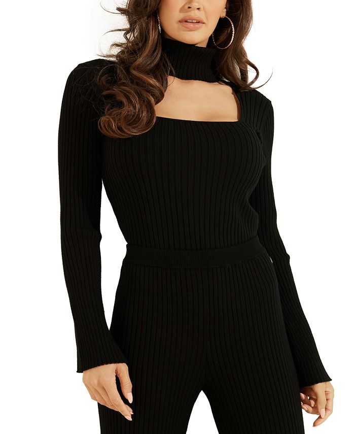 Suéter feminino GUESS Colette Rib Knit com recorte de gola alta, preto, tamanho médio