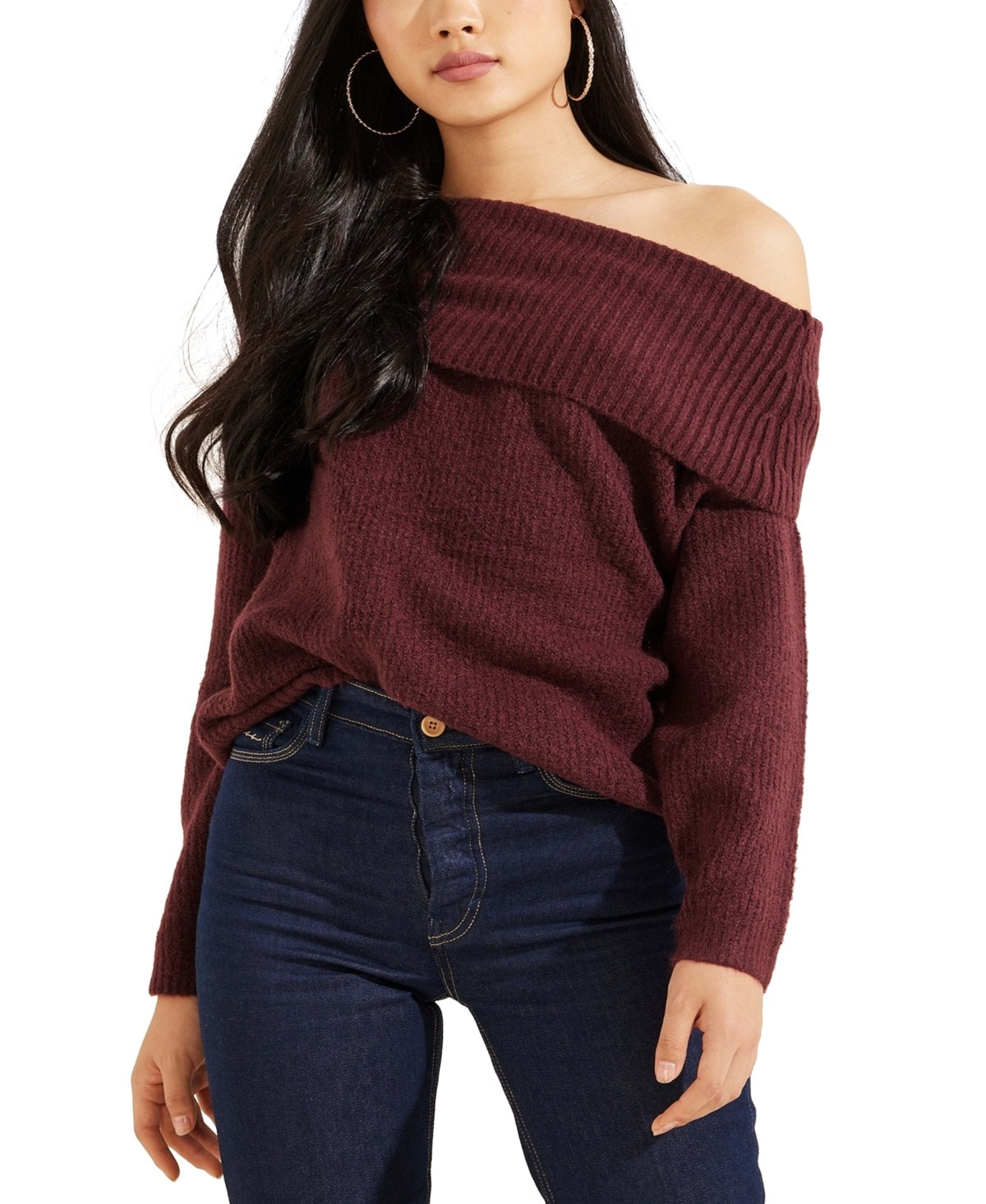 Suéter feminino GUESS Gerri com nervuras e ombros de fora, vermelho, tamanho X-G