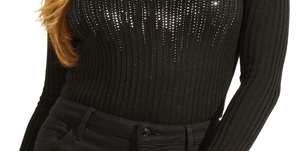 Suéter feminino GUESS Claudine com glitter e strass canelado, preto, tamanho pequeno