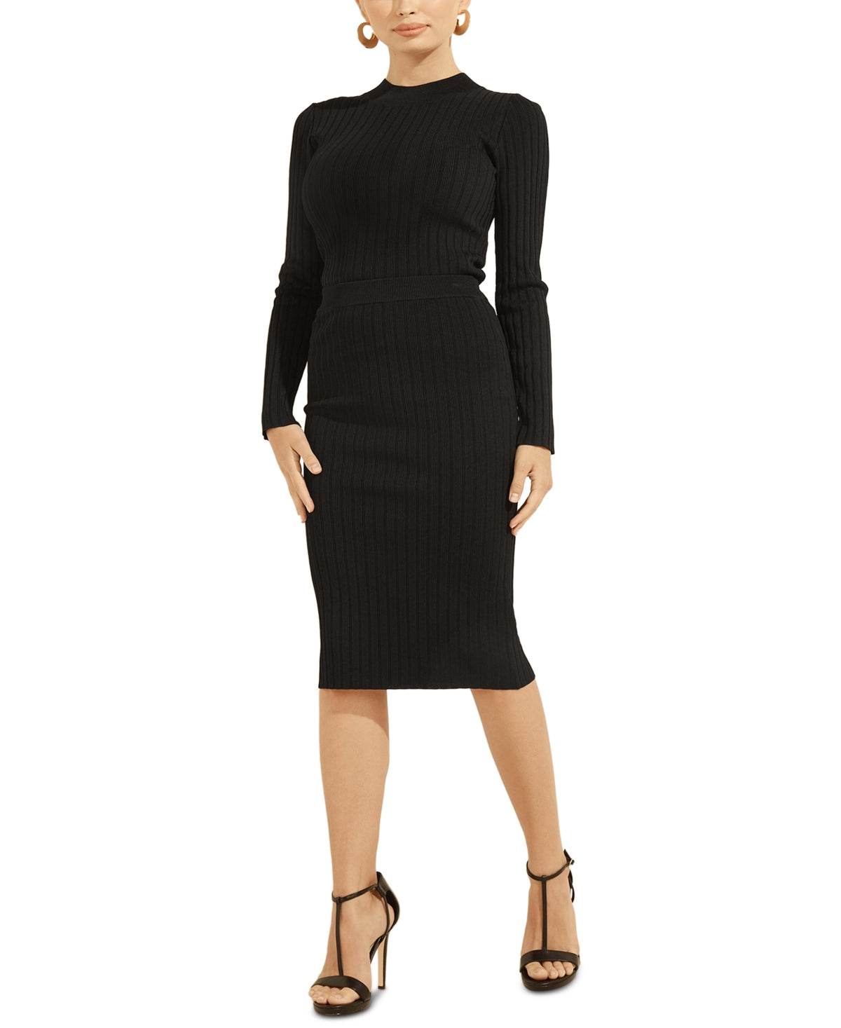 Suéter feminino GUESS Caren com gola redonda canelada, preto, tamanho médio