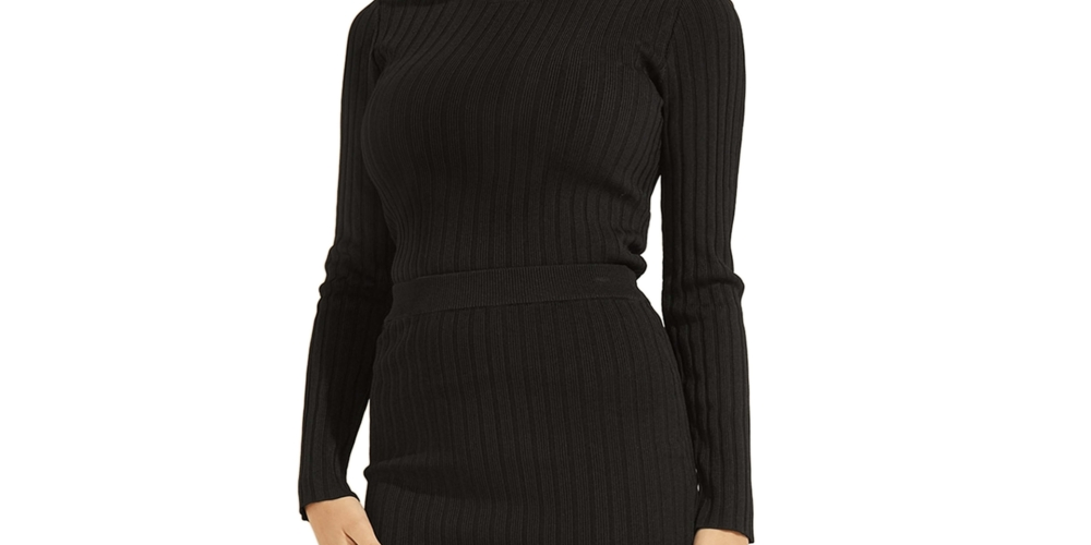 Suéter feminino GUESS Caren com gola redonda canelada, preto, tamanho médio