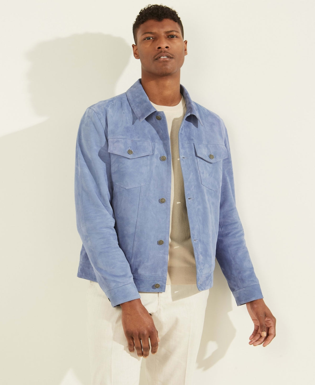 Jaqueta Trucker de Couro Camurça Masculina GUESS Azul Tamanho P