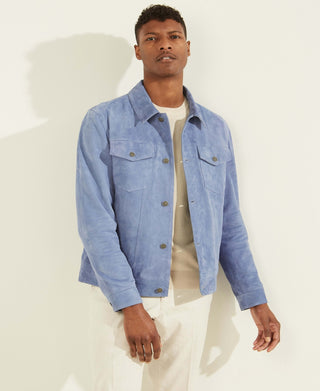 Jaqueta Trucker de Couro Camurça Masculina GUESS Azul Tamanho P
