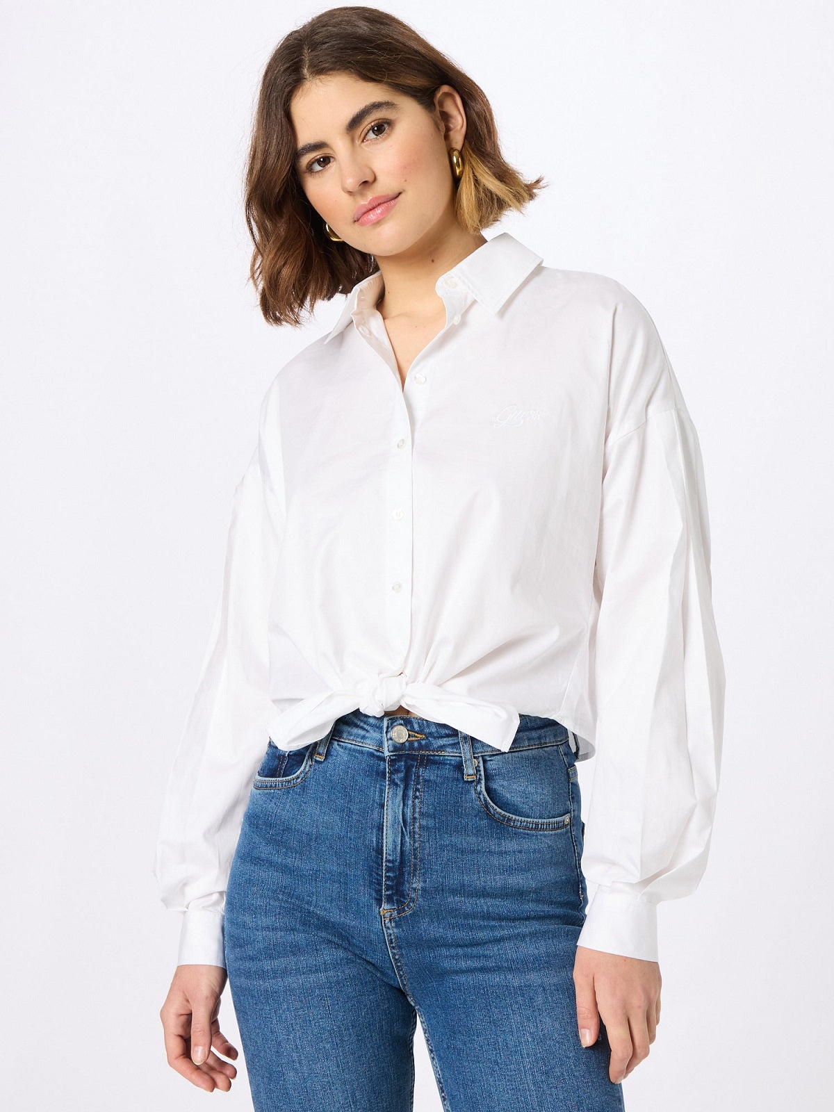 Camisa curta feminina GUESS Savina Cotton com amarração frontal, branca, tamanho pequeno